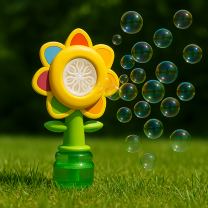 Kids' automatic bubble flower machine creating a stream of bubbles for outdoor fun