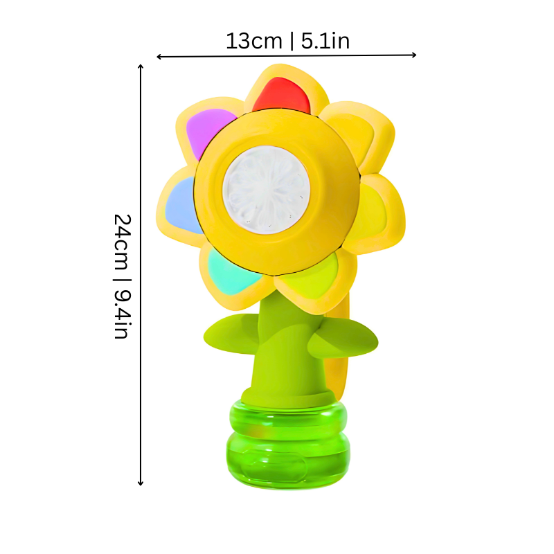 Close-up of a pink & yellow flower bubble machine, perfect summer toy for children
