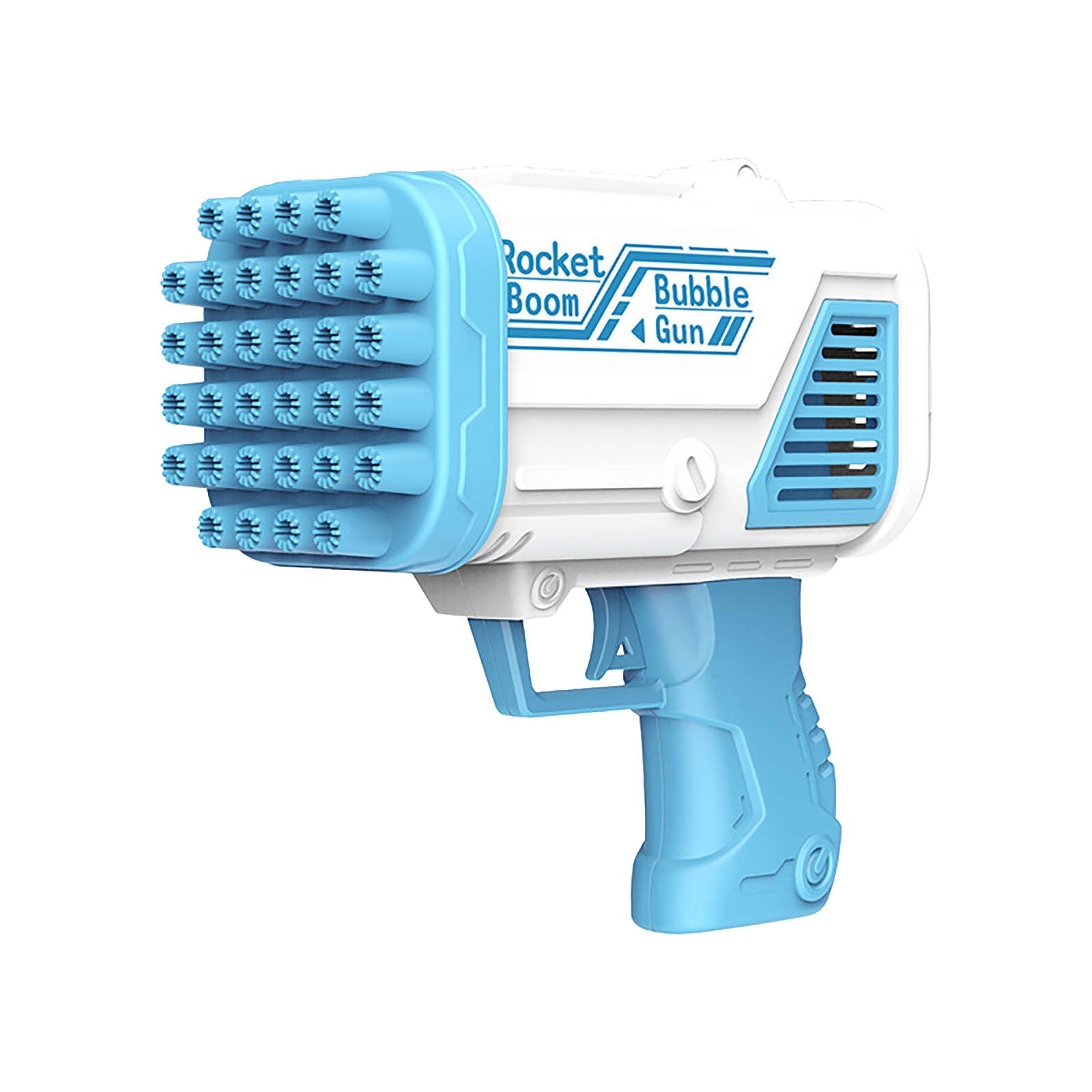 Girl excited with her new automatic bubble bazooka toy, party fun