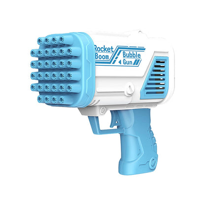 Girl excited with her new automatic bubble bazooka toy, party fun