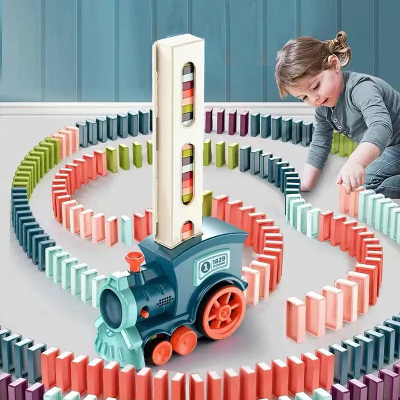 Kids Automatic Domino Laying Train Toy Set, educational building blocks for creative play