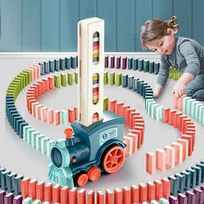 Kids Automatic Domino Laying Train Toy Set, educational building blocks for creative play