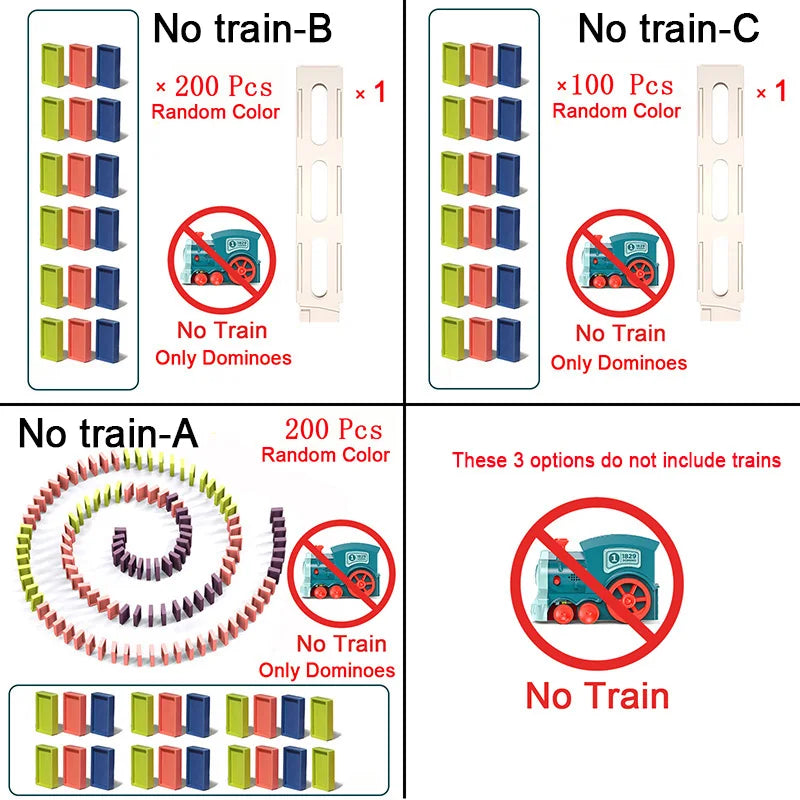 Child playing with automatic domino laying train, an engaging educational toy set