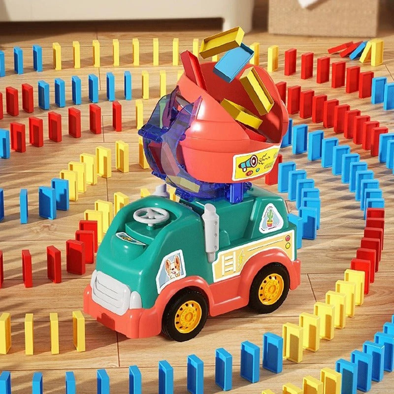 Kids' Automatic Domino Laying Train Toy Set, red engine adding dominoes on floor