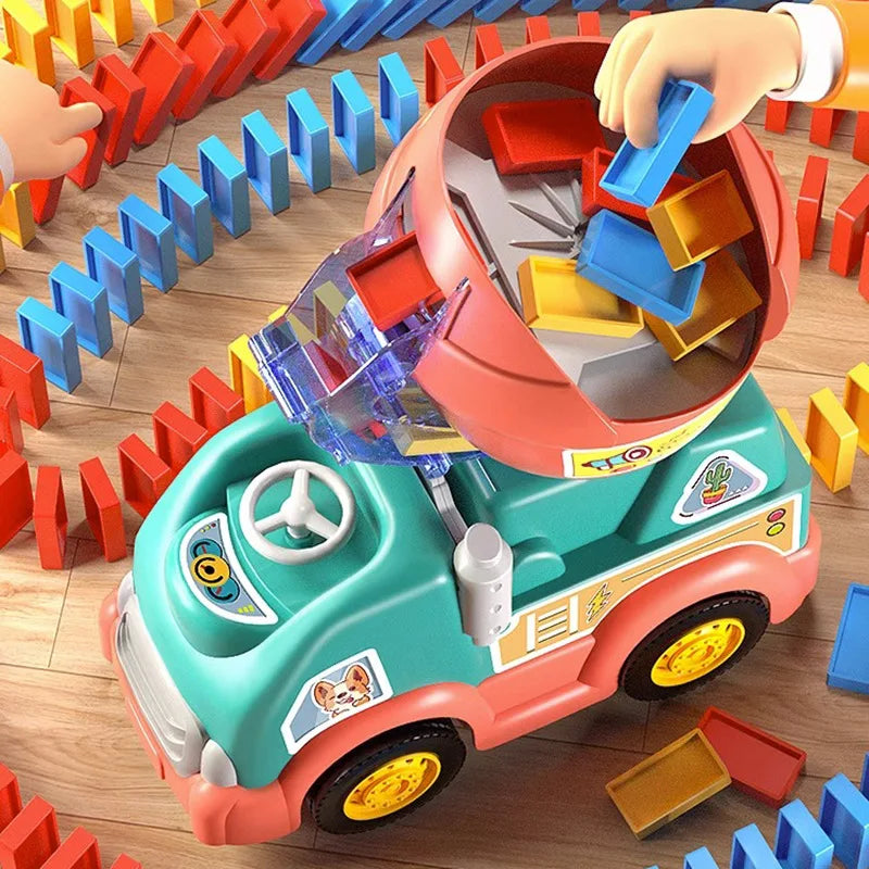 Automatic Domino Laying Train Toy, child playing with blue train, building domino chain