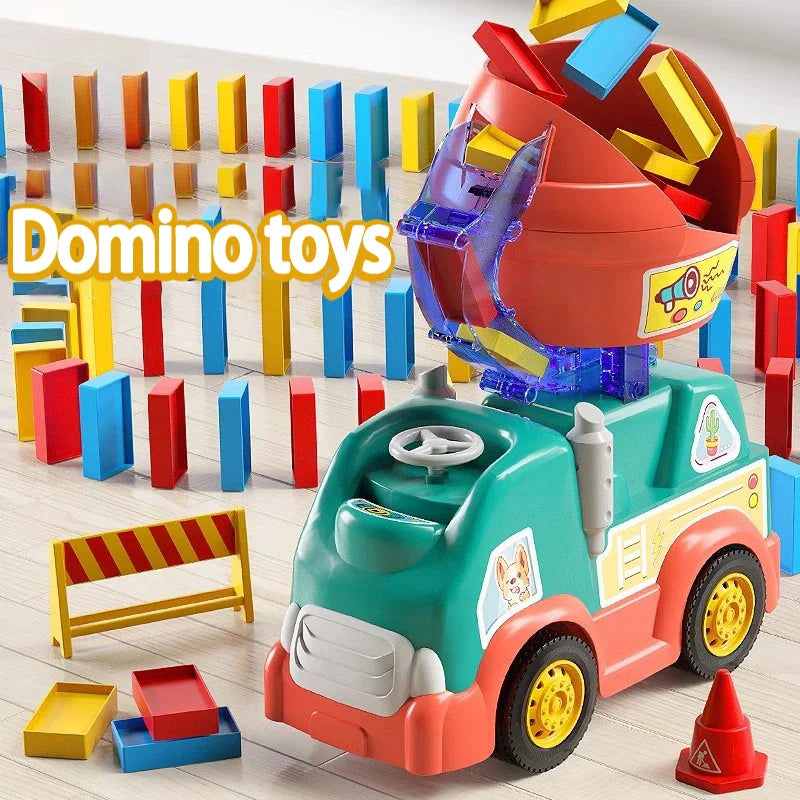 Domino laying toy train set, colorful dominoes being placed by an automatic engine
