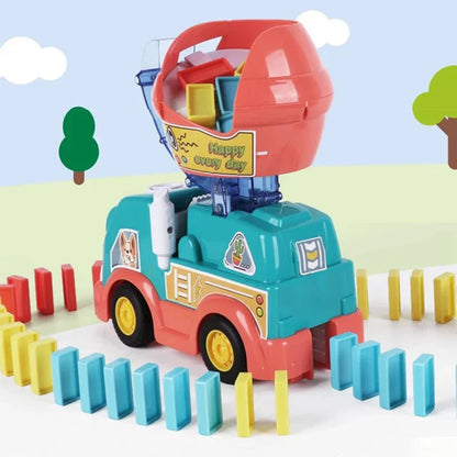 Domino train toy set for kids, includes automatic dispenser and plastic dominoes