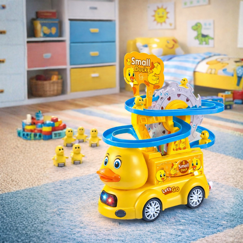 Kids' automatic duck climbing track toy with music & lights, fun developmental toy for toddlers.