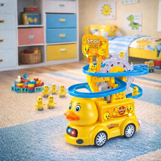 Kids' automatic duck climbing track toy with music & lights, fun developmental toy for toddlers.
