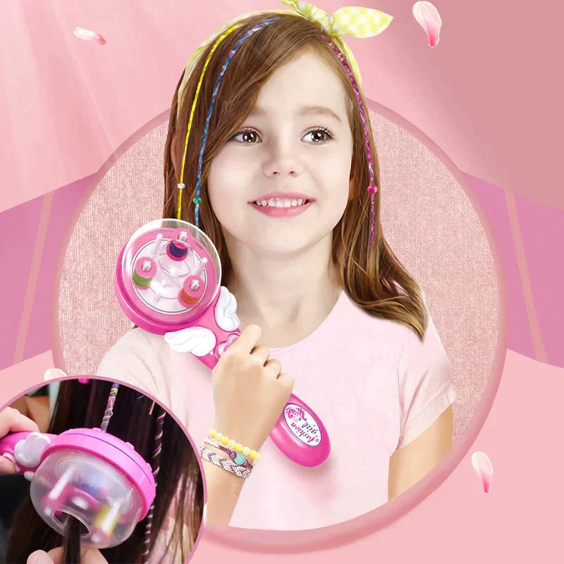 Kids' automatic hair braiding tool in vibrant pink, with a child's hand using it to style long, silky hair.