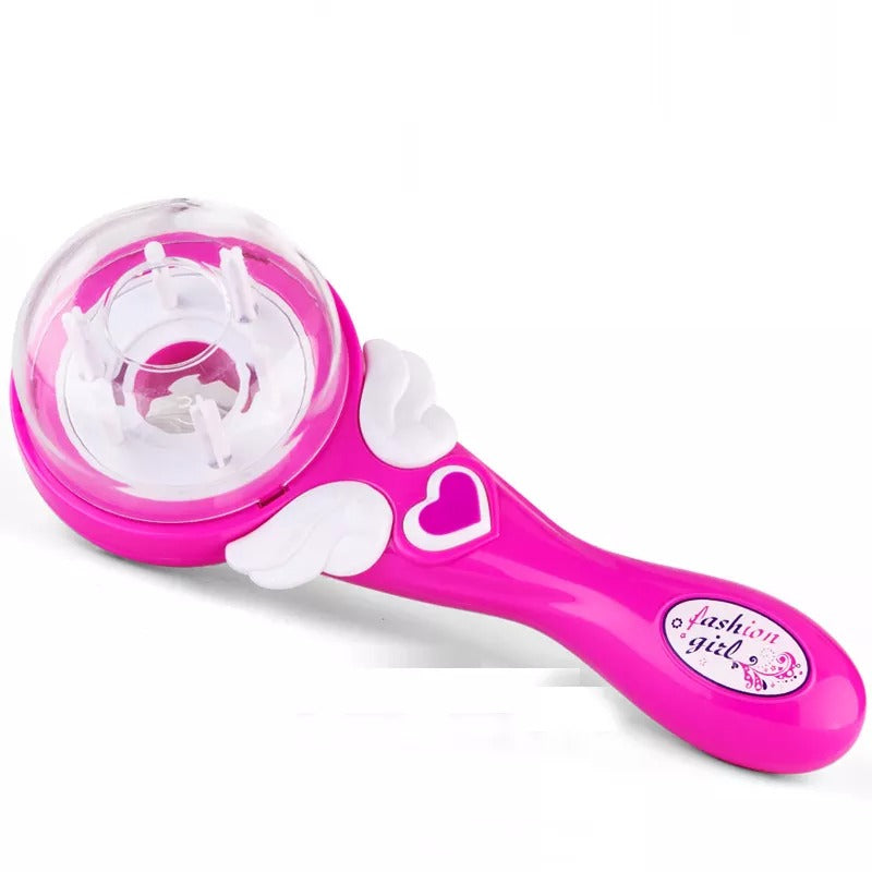 Close-up of the automatic hair braiding tool's mechanism, showing three intertwined strands of hair, perfect for kids.