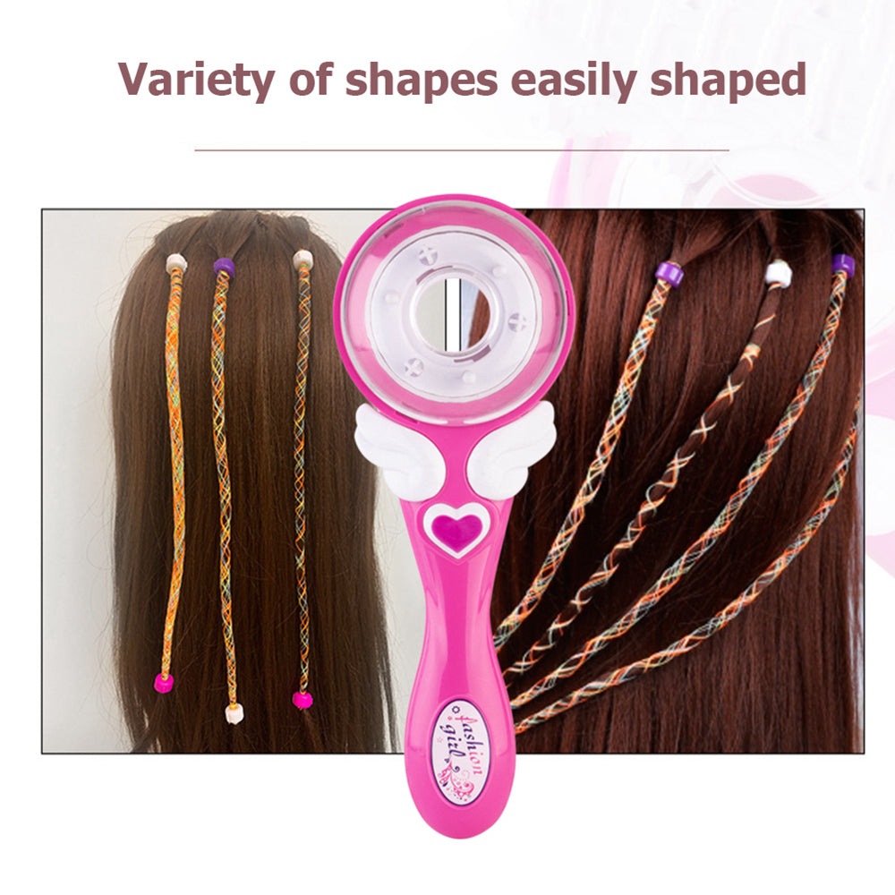 Detailed view of the battery-operated kids' hair braiding tool, highlighting its safe and simple controls for styling fun.