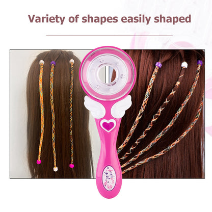 Detailed view of the battery-operated kids' hair braiding tool, highlighting its safe and simple controls for styling fun.