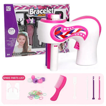Automatic hair braider with a collection of decorative hair clips and ribbon, ideal for creative kids' hairstyles.
