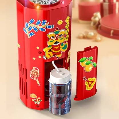 Close-up of a portable bubble machine, showing bubble wands and solution for kids' play