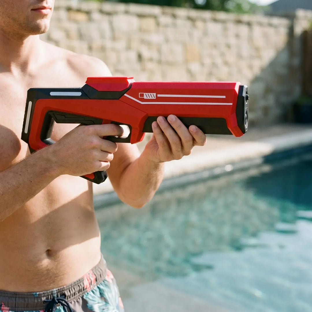 Kids' automatic water blaster toy, perfect for summer outdoor play and pool parties. Rechargeable fun.