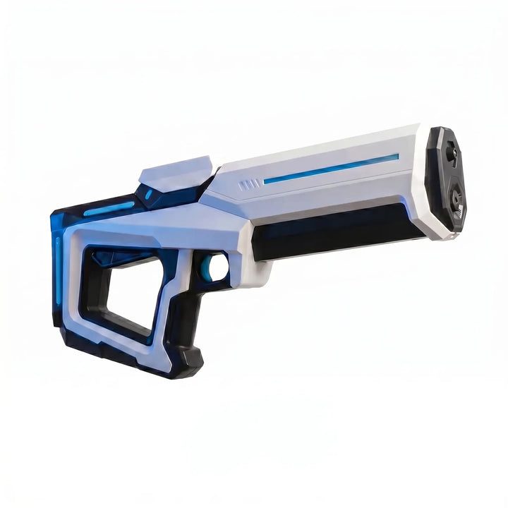 Two kids enjoying a water fight with automatic water blaster toys. Great for group outdoor summer play.