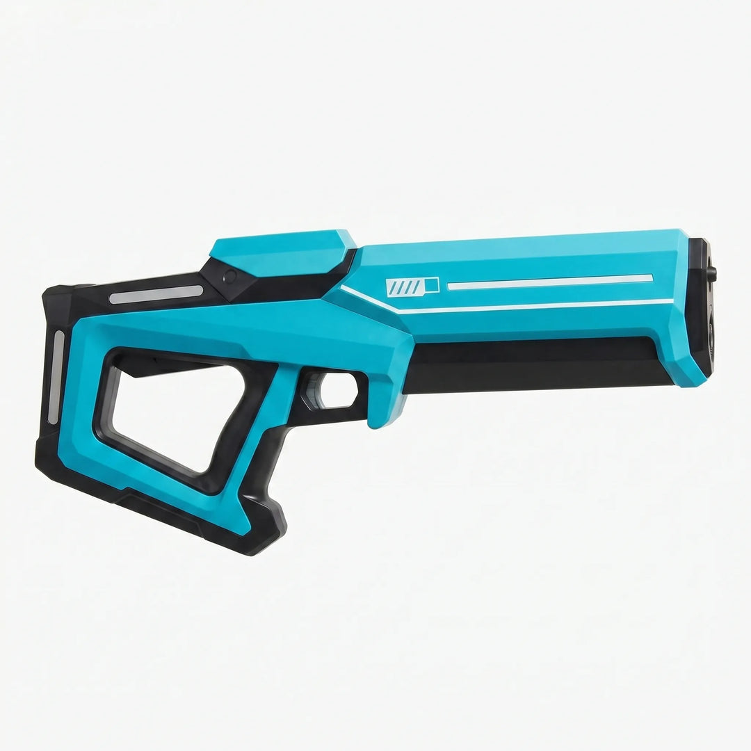Close-up of a blue and orange automatic water blaster toy. Rechargeable design for active kids' summer fun.