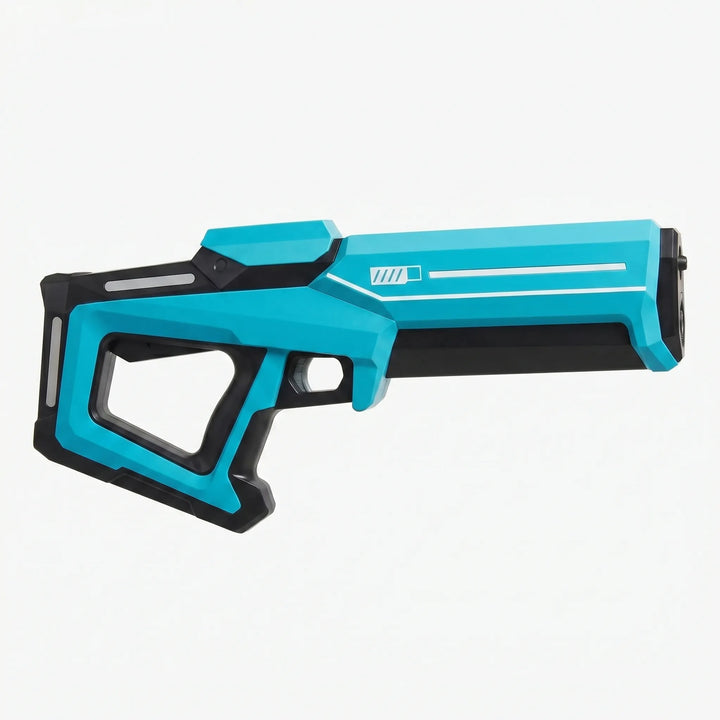 Close-up of a blue and orange automatic water blaster toy. Rechargeable design for active kids' summer fun.