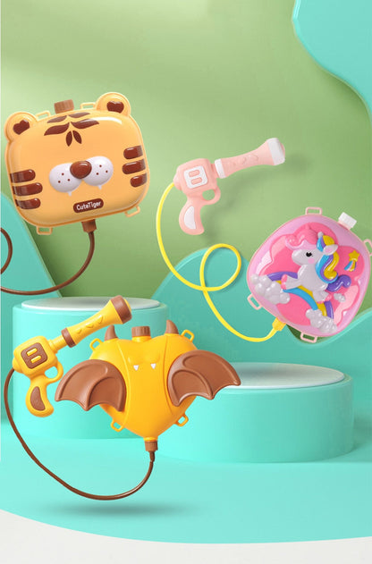 Child playing with a backpack water blaster, perfect for active outdoor summer fun