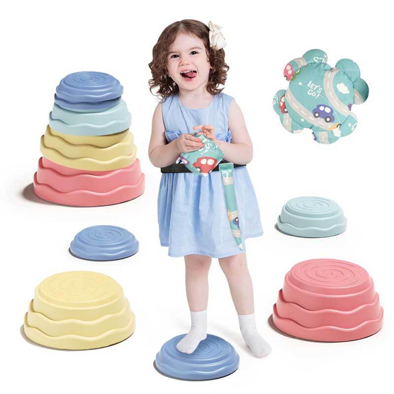 Children navigating a Kids' Balance Stepping Stones Set, enhancing motor skills and enjoying fun play