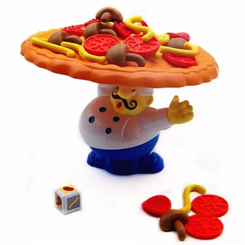 Kids balancing pizza board game for family fun, showing stackable pizza slices and toppings. Educational STEM toy.