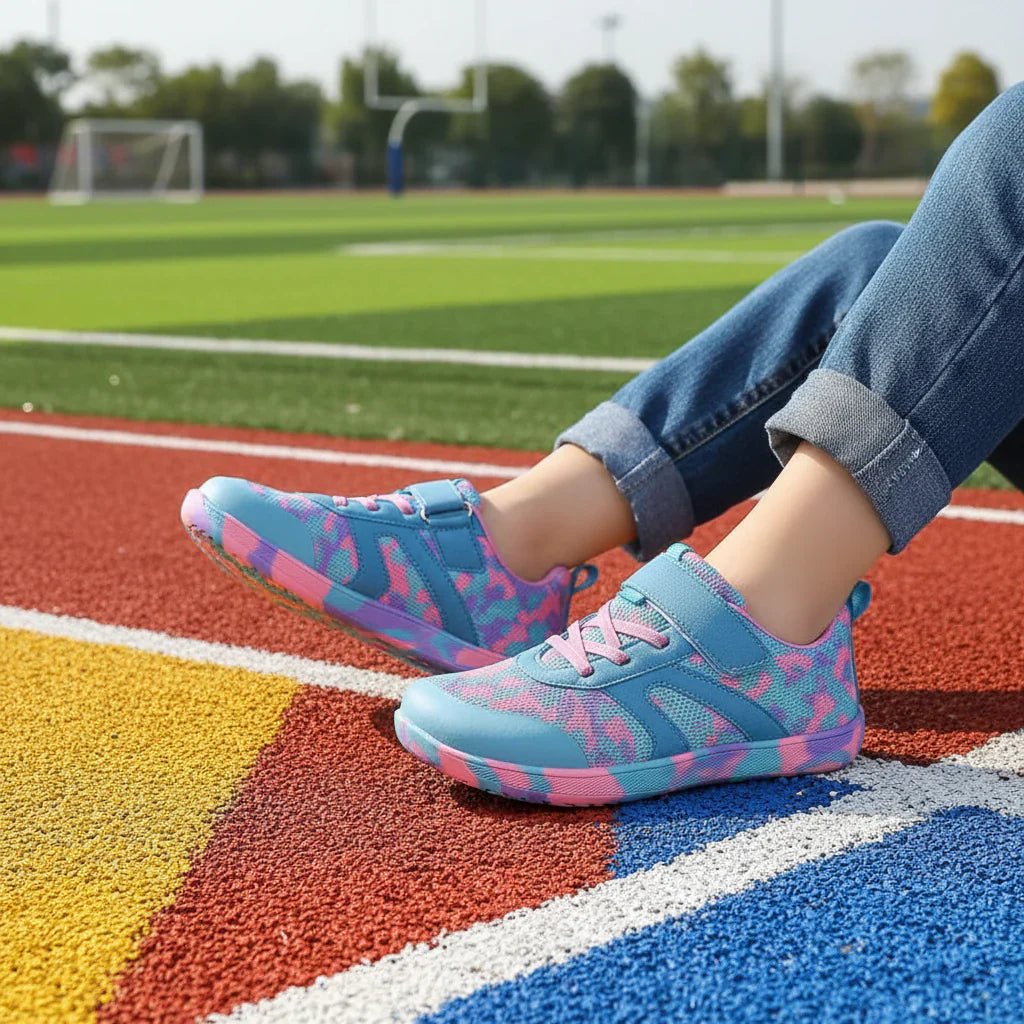 Kids barefoot non-slip breathable sneakers in blue, side view, ideal for summer outdoor play