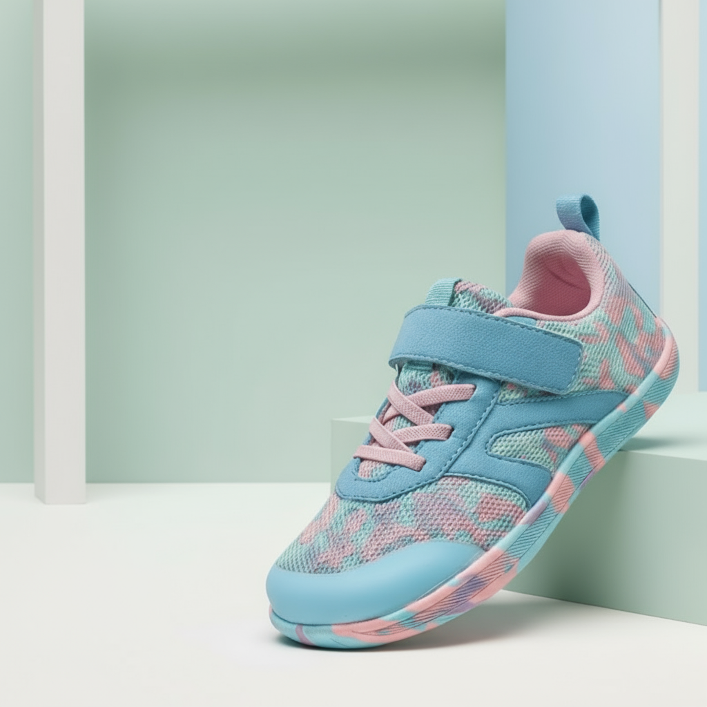 Side profile of a child's foot in a breathable barefoot non-slip sneaker, ergonomic design