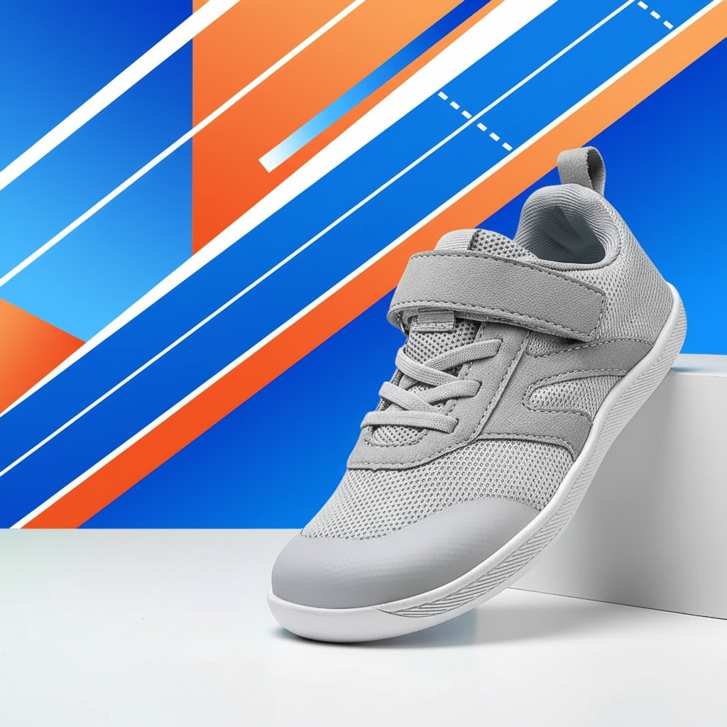 Zoomed-in texture of the non-slip tread on kids' breathable outdoor barefoot sneakers