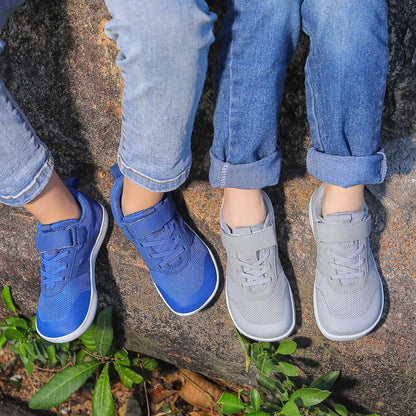 Close-up of the breathable mesh fabric on kids' barefoot sneakers with non-slip sole