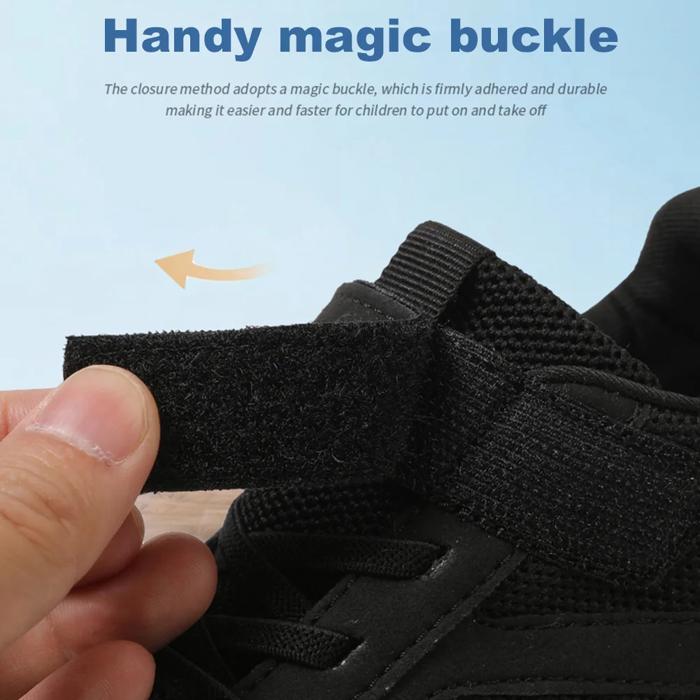Overhead shot of children's velcro barefoot sneakers, emphasizing non-slip and breathable design
