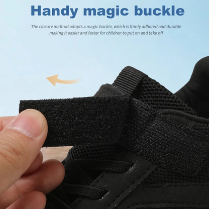 Overhead shot of children's velcro barefoot sneakers, emphasizing non-slip and breathable design