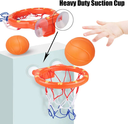 Colorful kids' bath basketball hoop with suction cups and floating ball, a fun educational toy