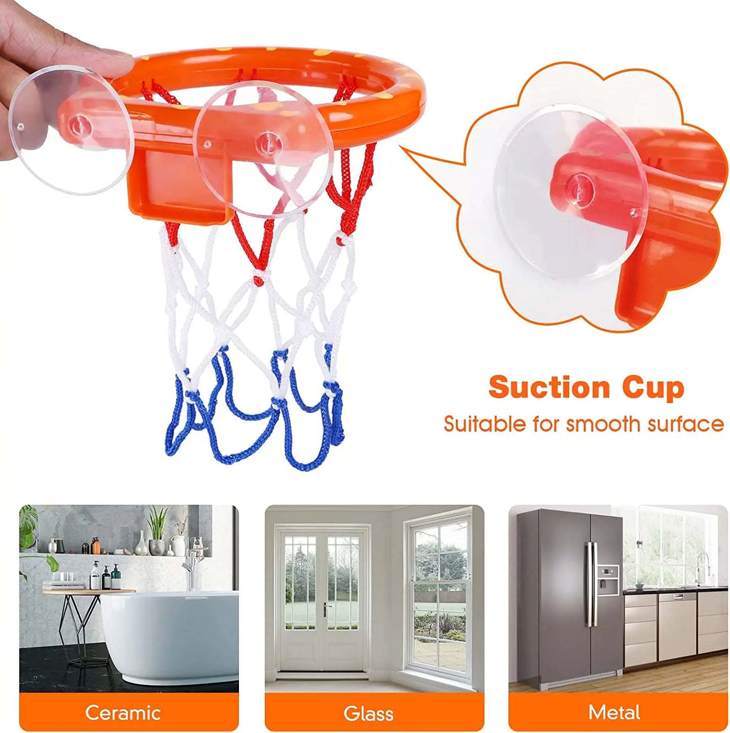 Bath basketball set for kids, featuring a blue hoop, red net, and orange ball for active fun