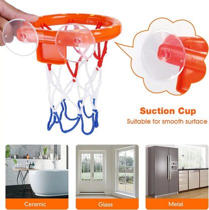Bath basketball set for kids, featuring a blue hoop, red net, and orange ball for active fun