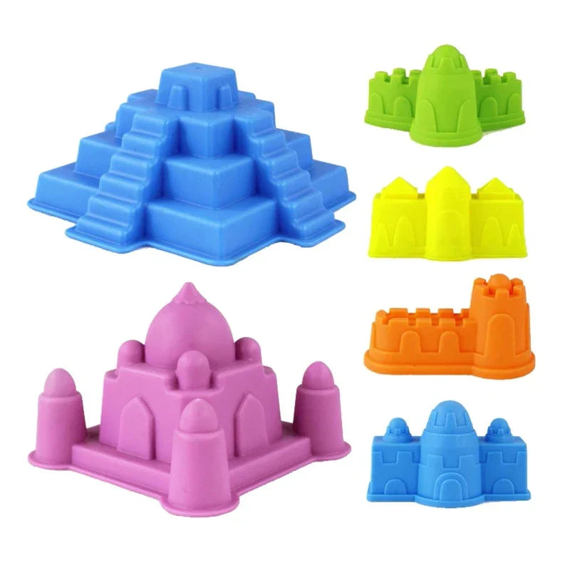 Kids' beach sand castle building kit with colorful molds and tools for creative outdoor play.