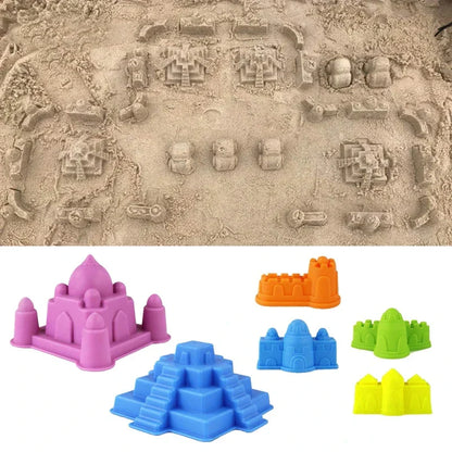 Complete sand castle playset for kids, featuring durable plastic buckets, shovels, and various molds.