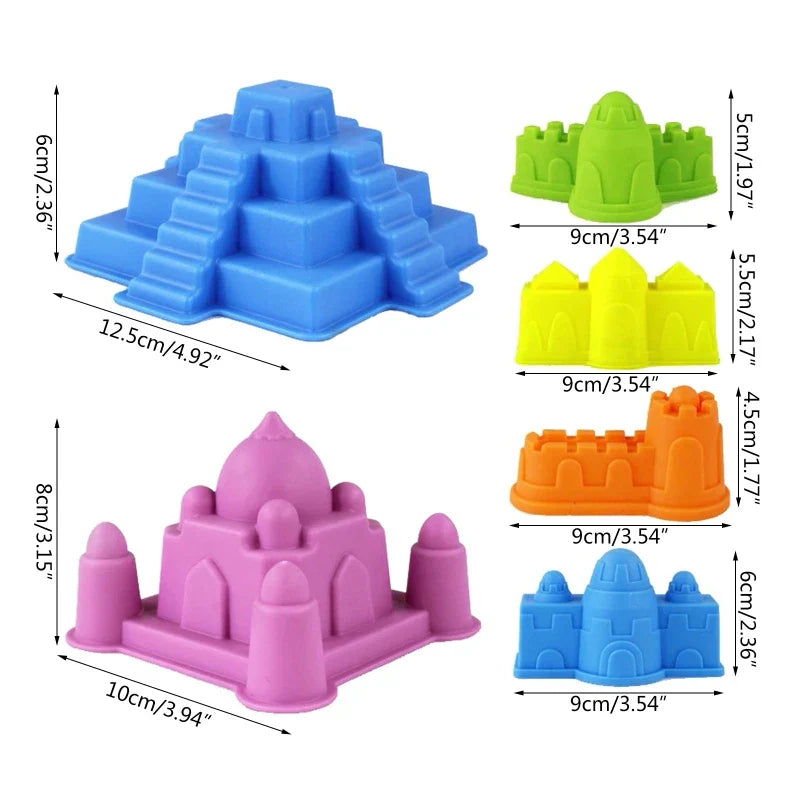 Summer fun beach toy set with colorful plastic sand castle molds and accessories for children's play.