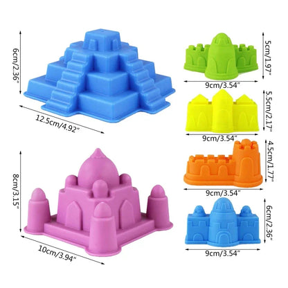 Summer fun beach toy set with colorful plastic sand castle molds and accessories for children's play.