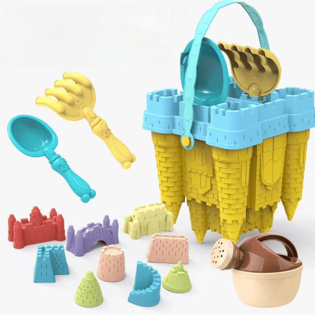 Creative sandcastle bucket kit for children, featuring a vibrant red bucket and various sand tools for beach or sandbox play.
