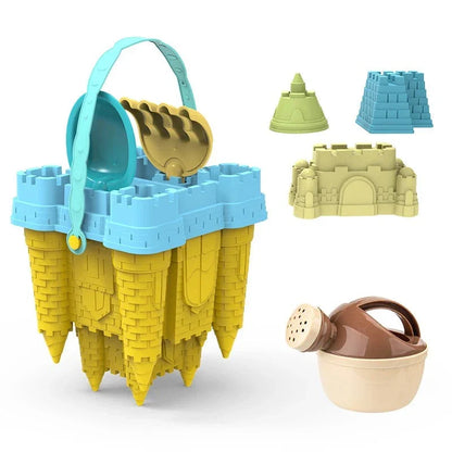 Complete kids outdoor sandcastle kit, including a durable bucket, spade, rake, and starfish mold, ideal for beach adventures.