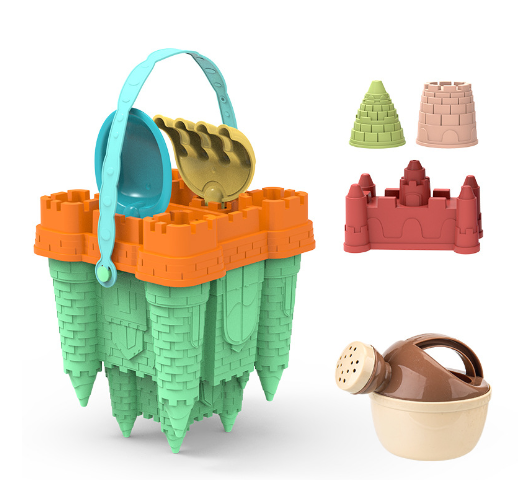Children's gifts: a delightful sand play kit with a bucket, shovel, rake, and castle molds, perfect for creative sandbox play.