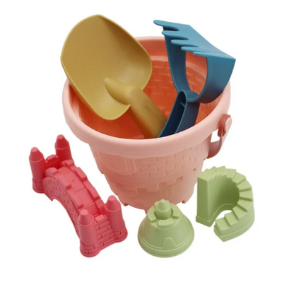 Complete kids beach sand toy kit featuring a vibrant bucket, tools, and animal molds, perfect for outdoor play.