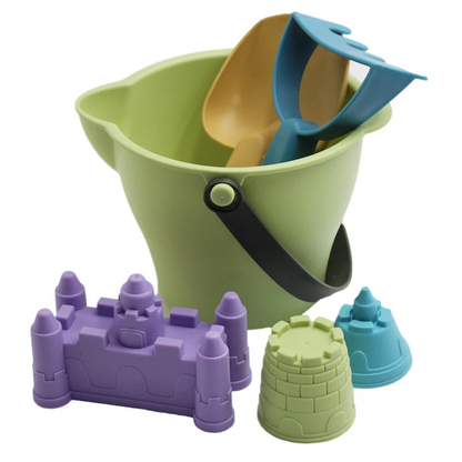 Summer fun kids beach sand toys set, including a blue bucket, sifter, and various sandcastle molds.