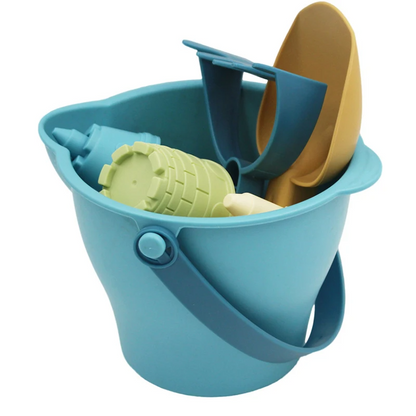 Children's sensory play beach sand toy set with a yellow bucket, watering can, and sea creature molds.