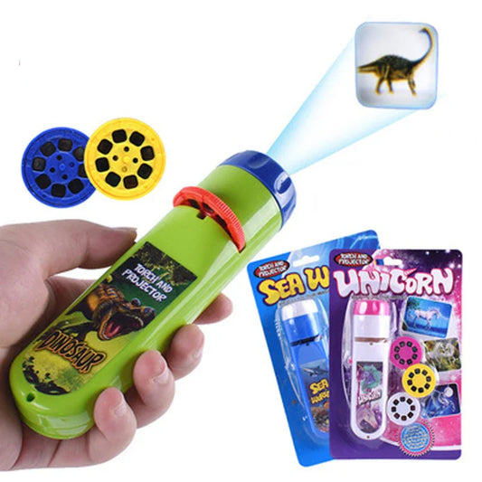 Kids' bedtime story projector flashlight, projecting a moon and stars scene onto a wall for children's enjoyment.