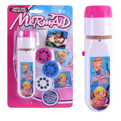 Detailed view of the projector flashlight's battery compartment, emphasizing its child-safe design for kids' toys.