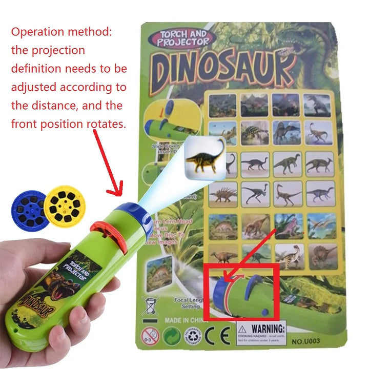 Child holding a blue bedtime story projector flashlight, showcasing its easy-to-use button and compact design.