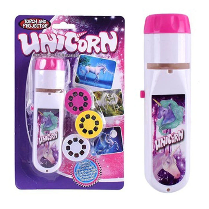 Close-up of the Kids' bedtime story projector flashlight lens, showing detailed images of a forest animal theme.