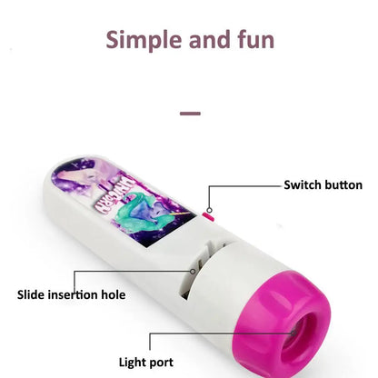 Kids' bedtime story projector flashlight illuminating a colorful fairy tale scene on a bedroom ceiling, aiding sleep.